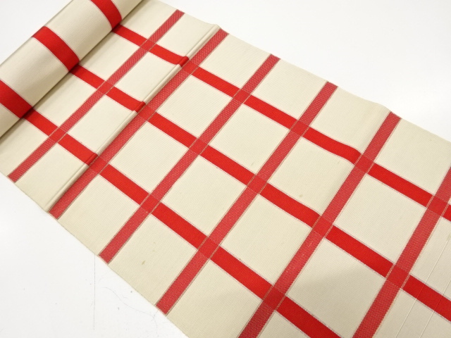 アンティーク　本場筑前博多　格子模様織り出し　名古屋帯地反物